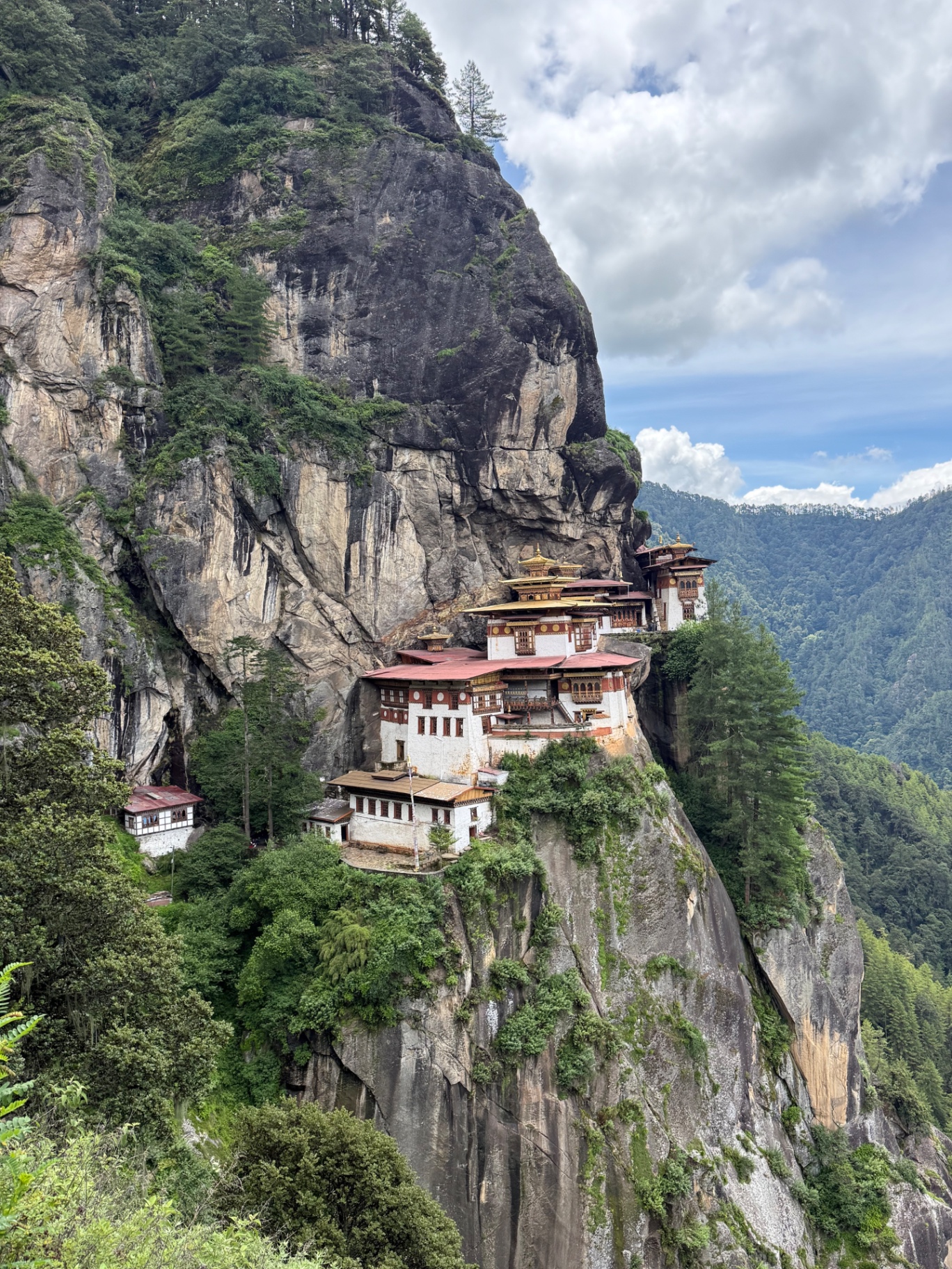 Tiger's Nest monastery clinging to a sheer cliff above green forested mountains
