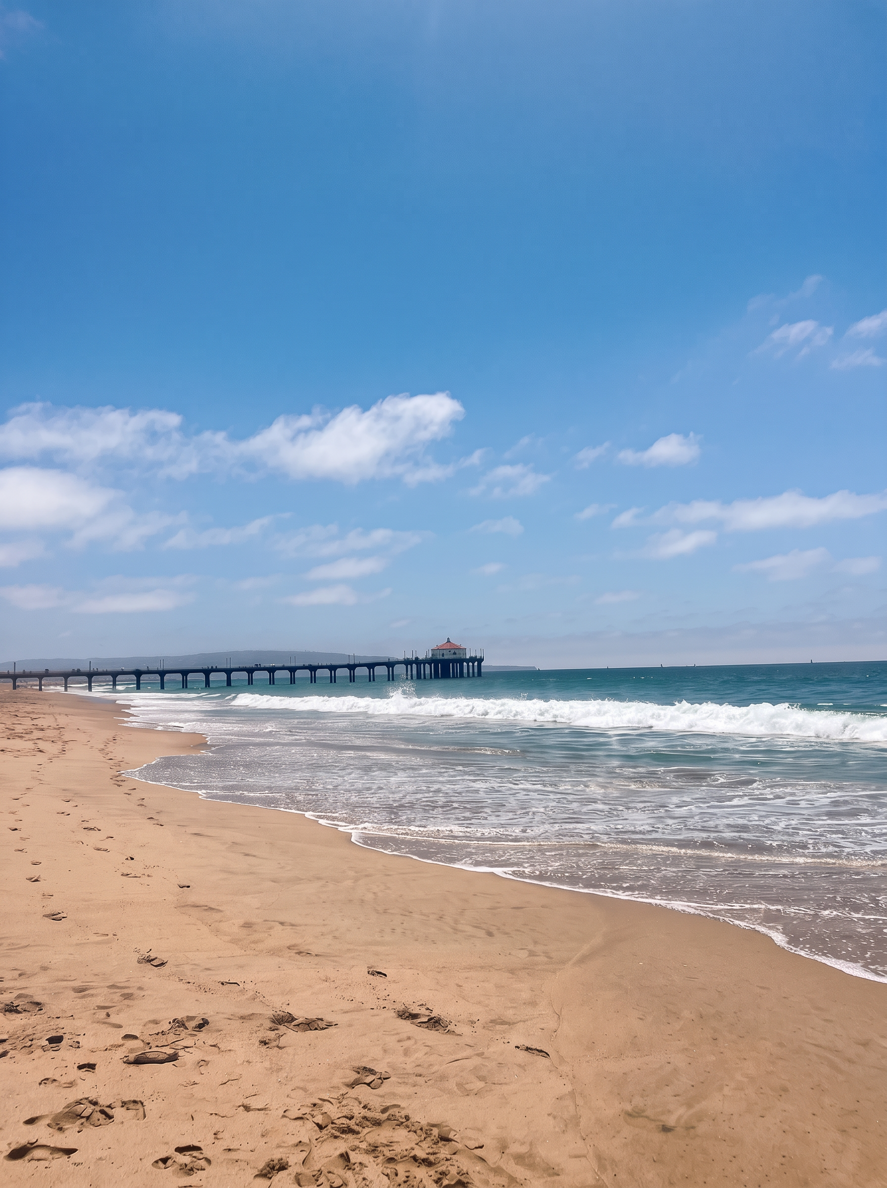 An empty sandy beach with gentle waves and a long pier under a soft blue sky